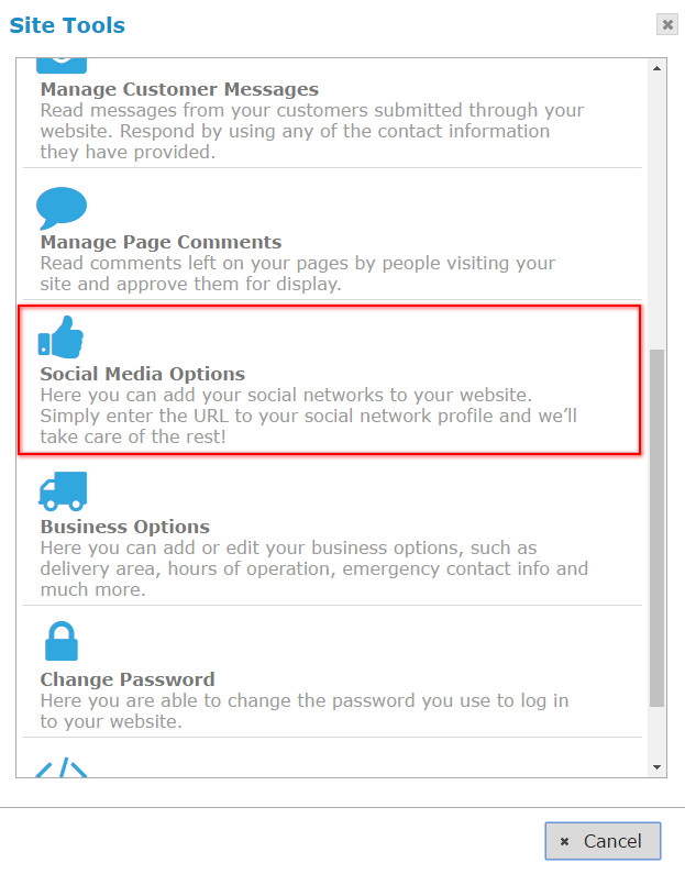 screenshot of social media options